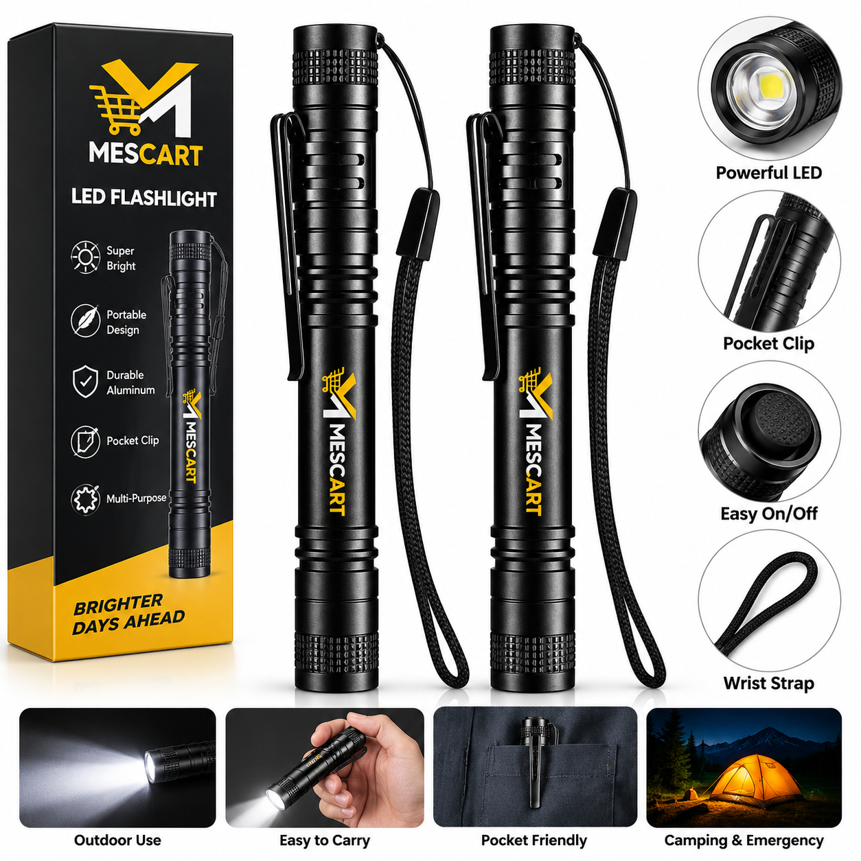 MESCART Portable LED Pocket Flashlight with Clip & Wrist Strap – 2 Pack