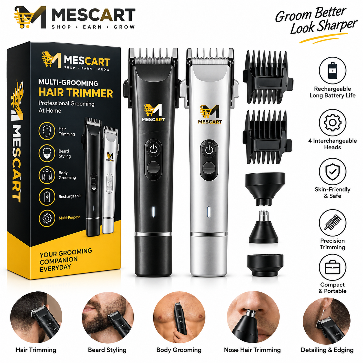 MESCART Rechargeable Multi-Grooming Hair Trimmer with Interchangeable Grooming Attachments