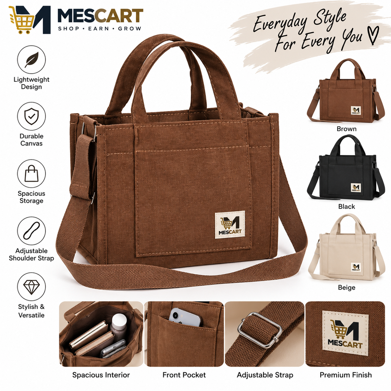 MESCART Women's Casual Canvas Tote & Shoulder Bag with Adjustable Strap