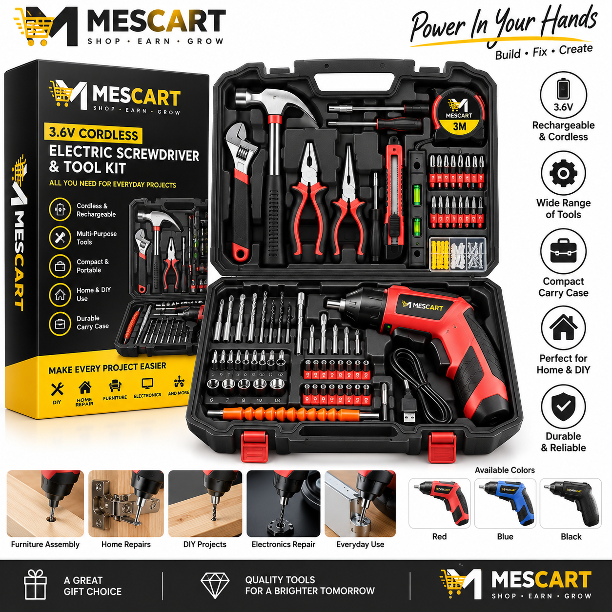 MESCART 3.6V Rechargeable Cordless Electric Screwdriver & Multi-Purpose Home Tool Kit