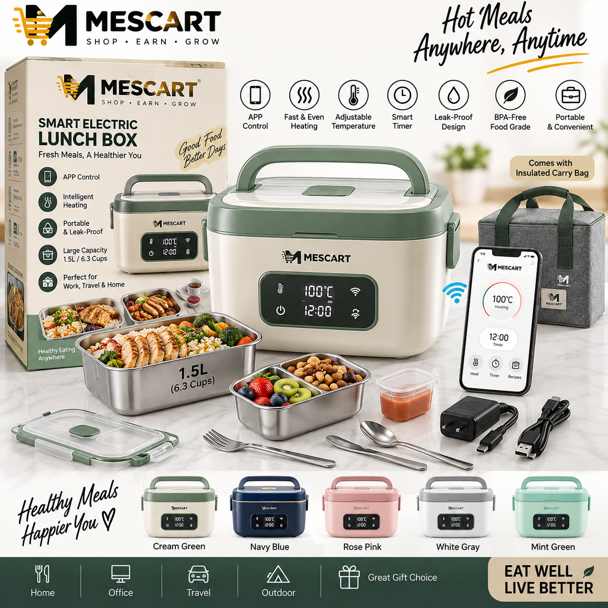 MESCART Smart Portable Electric Lunch Box with Digital Timer & Insulated Carry Bag