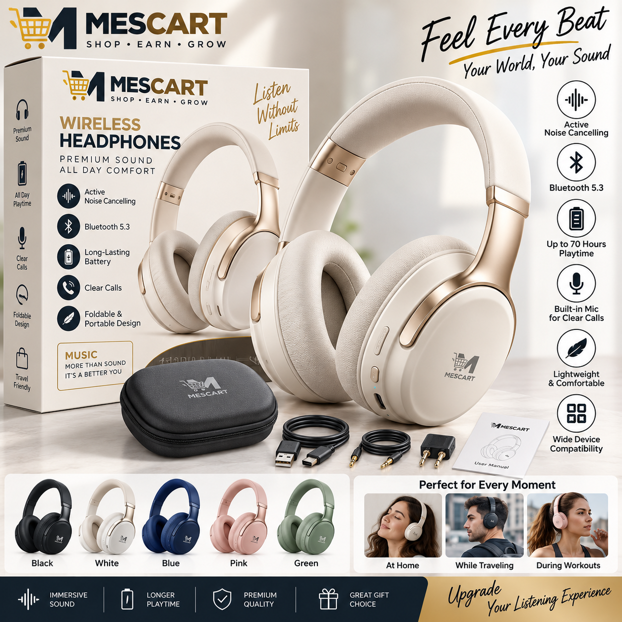 MESCART Premium Wireless Bluetooth Over-Ear Headphones with Active Noise Cancellation