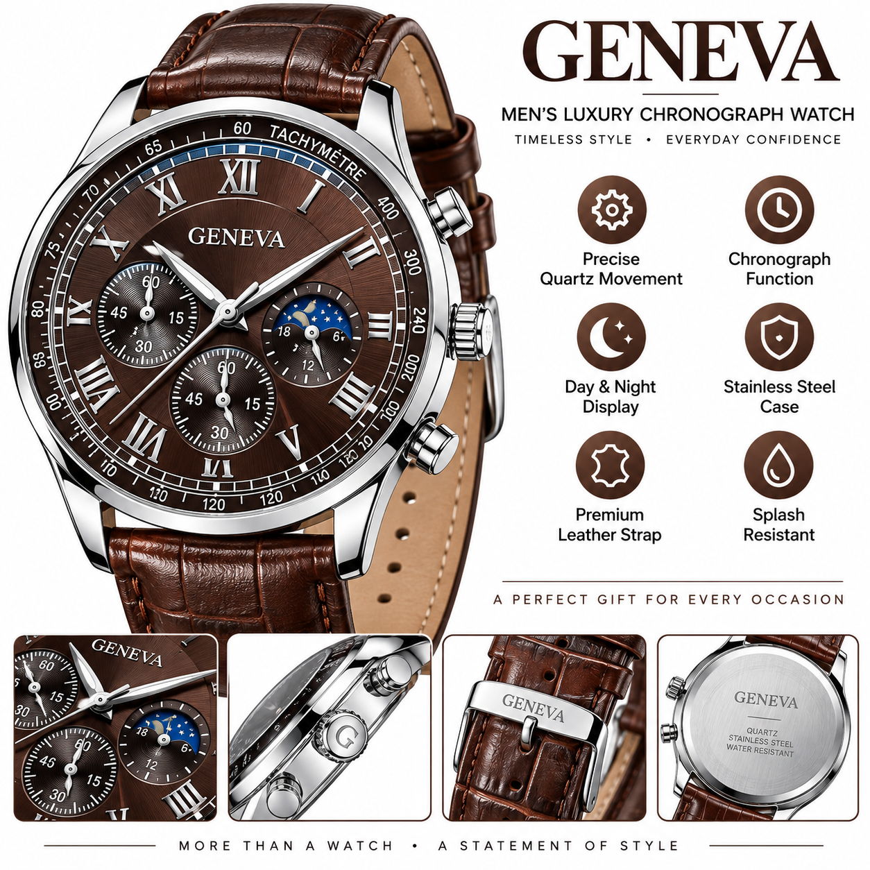GENEVA Men's Luxury Chronograph Quartz Watch with Brown Leather Strap