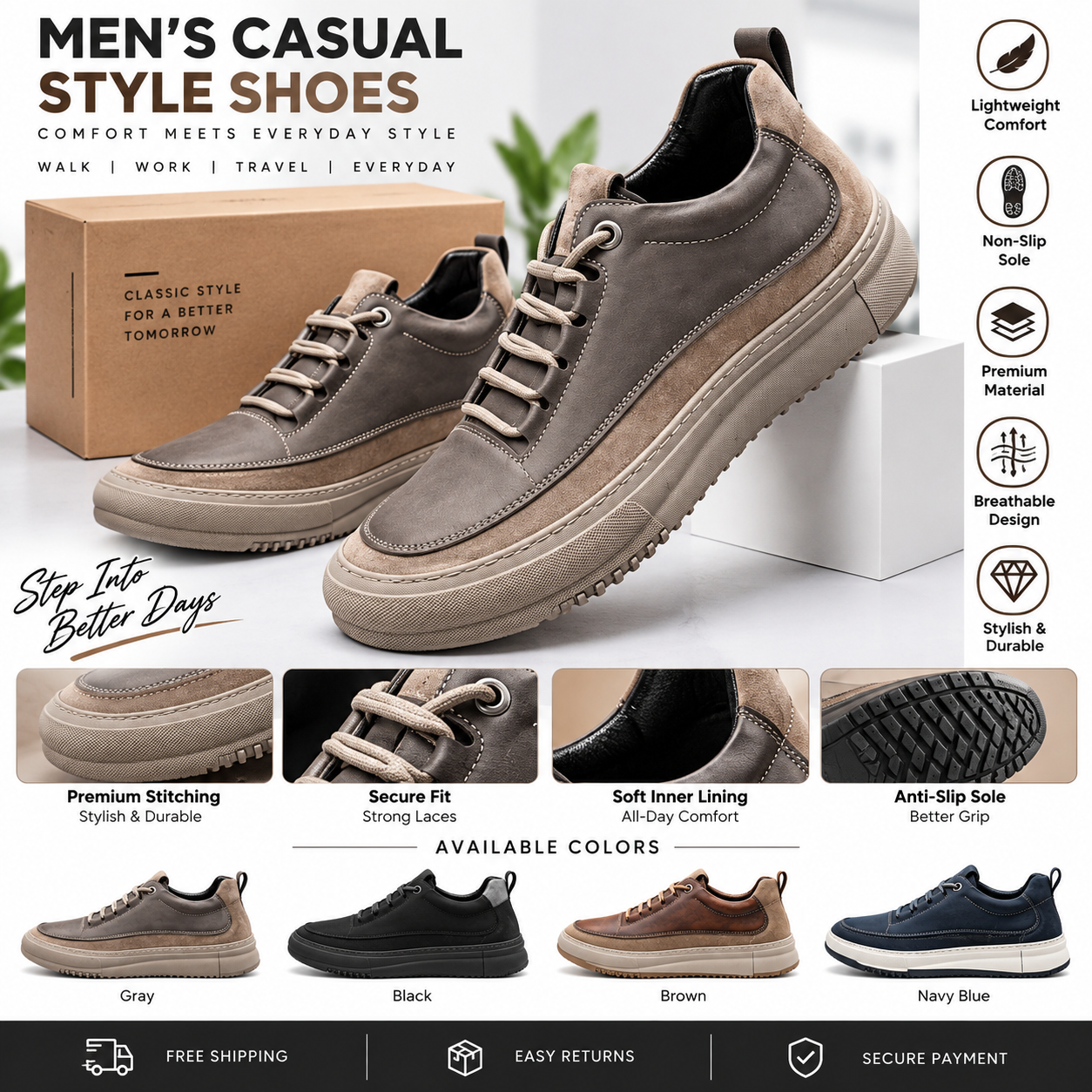 Men's Premium Casual Lace-Up Sneakers – Lightweight Everyday Comfort Shoes