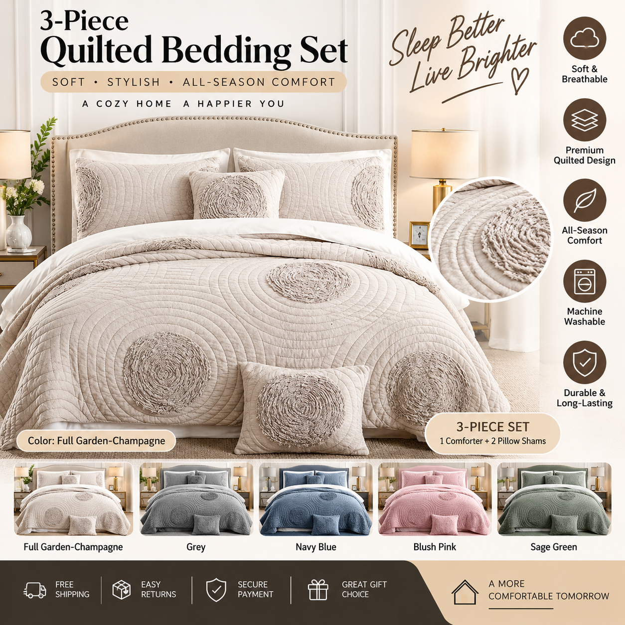 Premium 3-Piece Quilted Comforter Bedding Set with Matching Pillow Shams