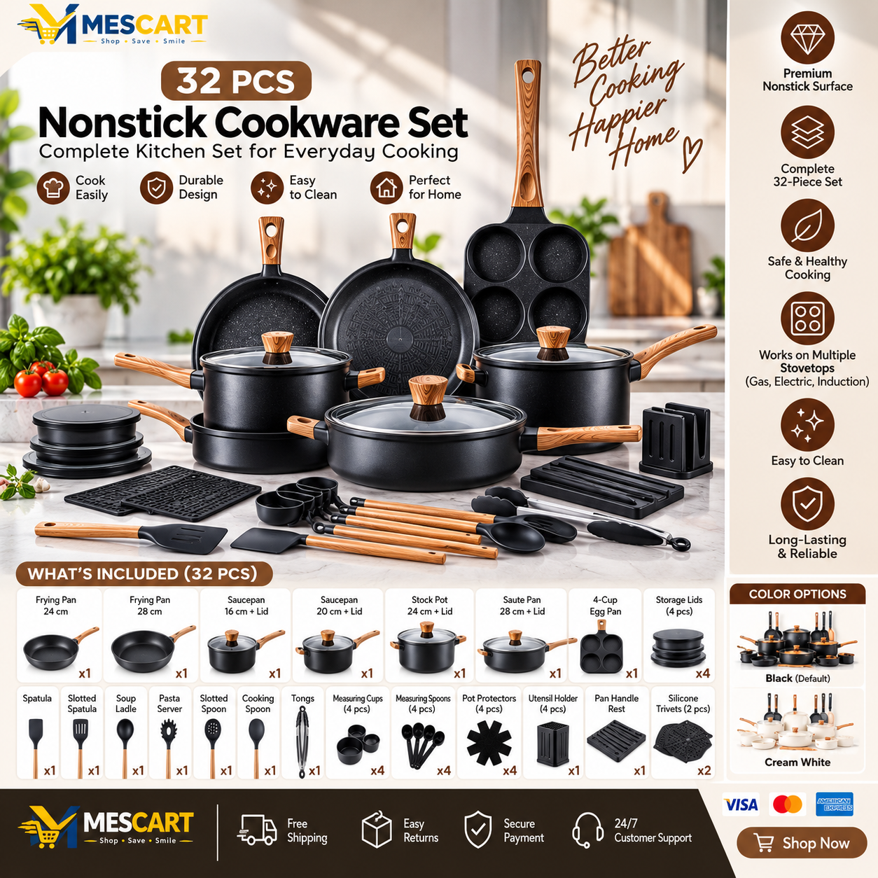 MESCART Premium 32-Piece Nonstick Cookware Set with Pots, Pans & Kitchen Utensils